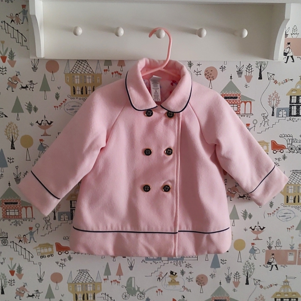 Little Me Pink Pea Jacket with Navy Piping, 18 Mo.